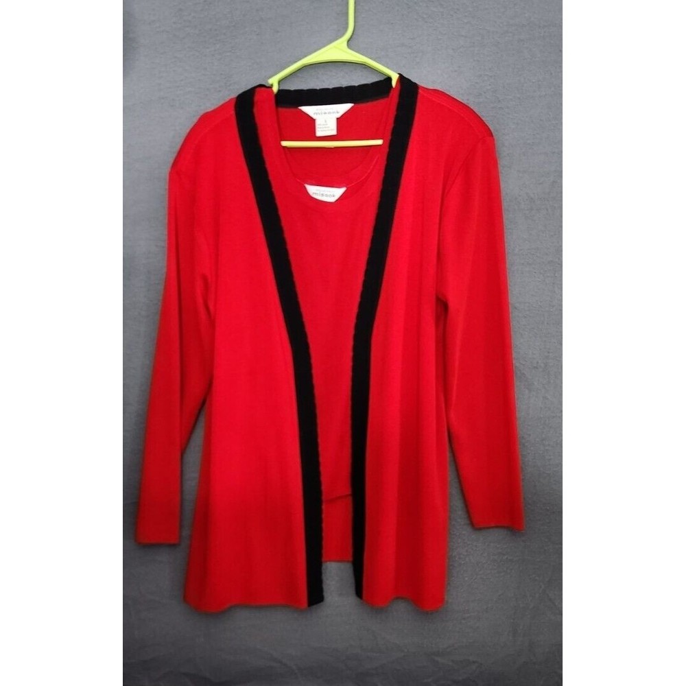Misook Woman Dark Red Black Trim 2pc Knit Open Front Cardigan Jacket & Tank Sz L
